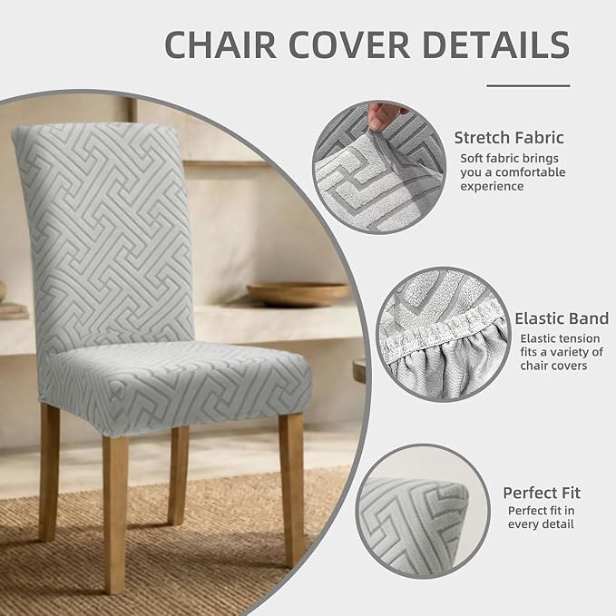 Promindfly Dining Chair Covers, 3D Jacquard Fabric Chair Covers for Dining Room, Anti-Scratch Chair Covers Set of 6, Stretch Washable Dining Chair Covers for Kitchen, Hotel - Image 2