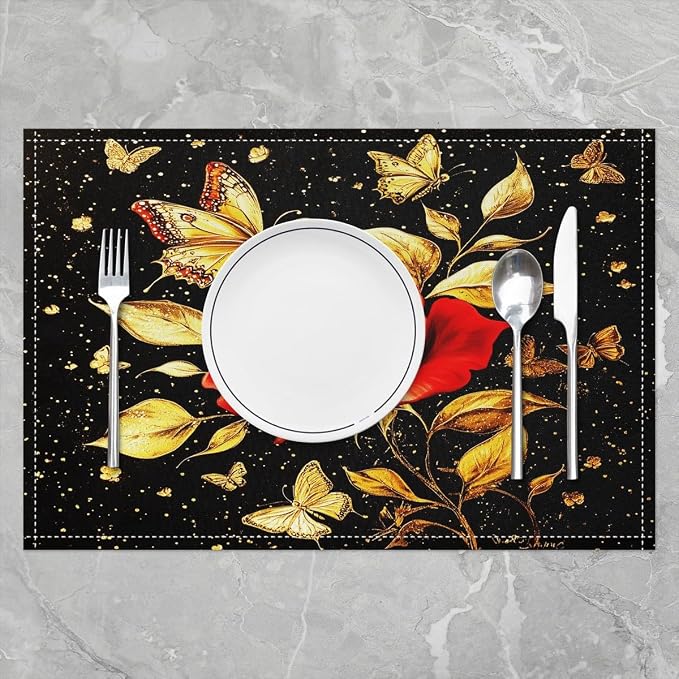 Feelyou Red Flower Rose Table Place Mats, Butterfly Rose Placemats Set of 4 18" X12" Placemat for Kitchen Dining Table Decor Indoor Outdoor, Romantic Flower for All Season - Image 2