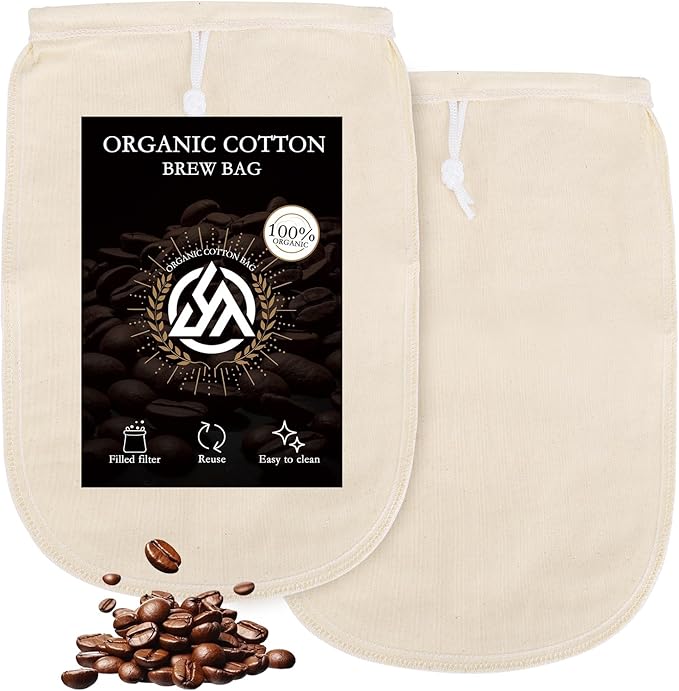 2 Pack Organic Cotton Cold Brew Coffee Filter Bags, Reusable with Drawstring, 8x12 Inch, for Pitchers, Mason Jars, Toddy Systems