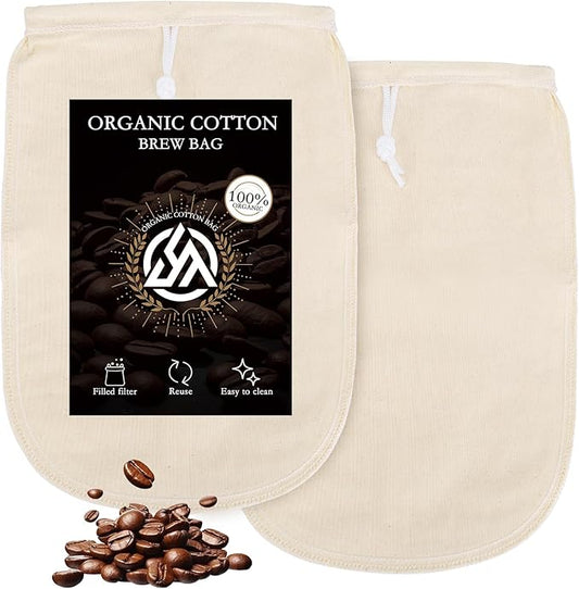 2 Pack Organic Cotton Cold Brew Coffee Filter Bags, Reusable with Drawstring, 8x12 Inch, for Pitchers, Mason Jars, Toddy Systems