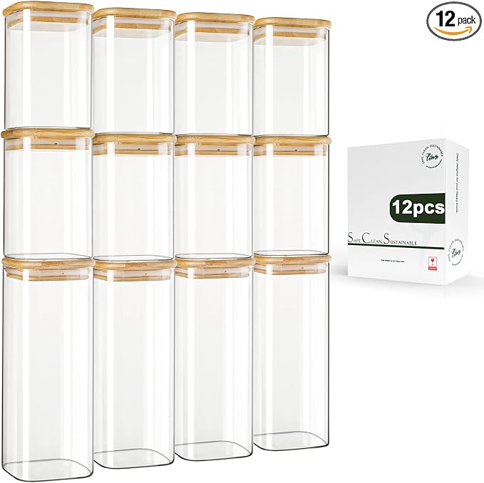 LIBWYS 12-Pack Square Glass Storage Jars with Bamboo Lids (0.6Qt/1.06Qt) - Stackable Food Containers for Pantry Organization, Coffee, Flour, Snacks, Tea | Kitchen Canisters Set | Stackable Dry Food Containers for Pantry Organization, Coffee, Flour, Sna... by LIBWYS