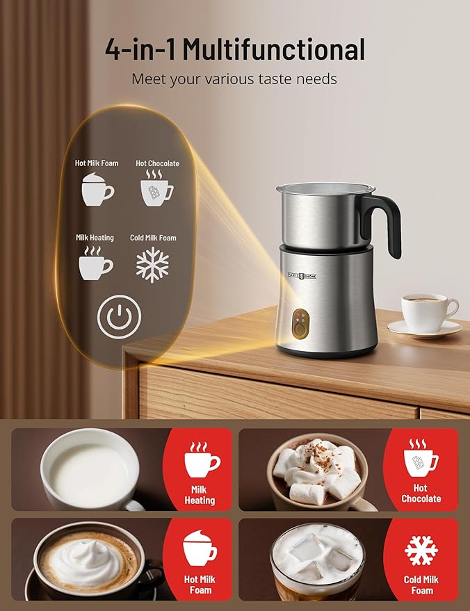 Milk Frother and Steamer, PARIS RHÔNE 4-in-1 Detachable Milk Steamer, 500ml Hot Chocolate Maker and Milk Warmer with Hot & Cold Foam, Dishwasher Safe, All Stainless Steel