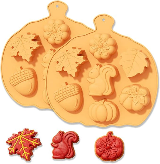 2 Pcs Fall Silicone Molds for Chocolate 3D Halloween Thanksgiving Candy Molds Fall Maple Leaf Pumpkin Squirrel Hazelnut Molds for Baking Making Chocolate Dessert Gummy Jelly Cupcake Topper Decoration