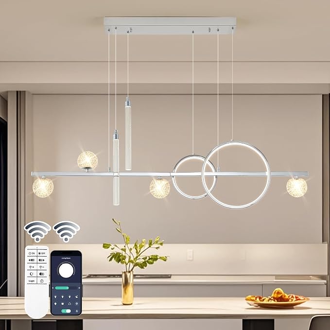 ORANOOR Modern LED Pendant Lights, Dimmable 47inch Silver LED Chandelier | Upgraded Chrome Linear Dining Room Hanging Light Fixtures, Kitchen Island Globe Pendant Lighting for Dining Table (4200lm) by ORANOOR
