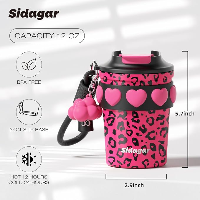 SDGA+ 12 oz Travel Coffee Mug Spill Proof Leak Proof, Stainless Steel Thermal Coffee Cup with Lid, Resuable Cup for Hot and Cold, Portable Tumbler for Women, Pink Leopard - Image 2