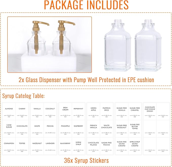 SZUAH 16oz Coffee Syrup Dispensers for Coffee Bar 2Pack, 480ml Glass Syrup Dispensers with Pumps and Stickers for Ketchup,Water and Lotion