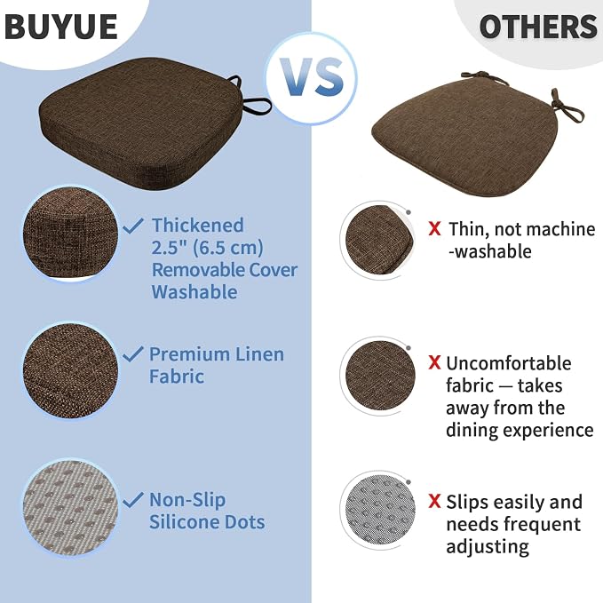 BUYUE Thickened 2.5" Dining Chair Cushions Set of 4, U-Shape High Density Foam Comfortable Chair Pads for Kitchen, Slip Resistant Indoor Seat Cushions (4 PCS, Chocolate) - Image 6