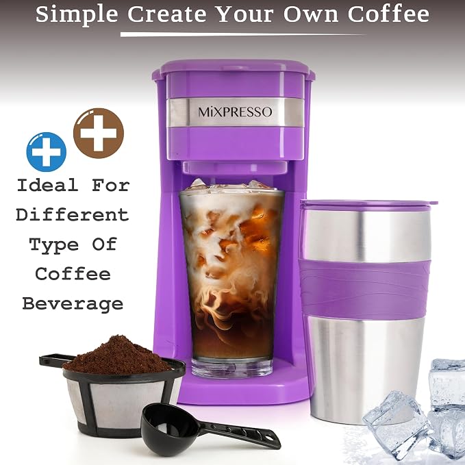 Mixpresso Single Serve & Single Cup Coffee Maker with 14oz Travel Mug | For ground coffee only, reusable filter, auto shut off. Compact personal drip coffee maker, not compatible with K-Cup pods. - Image 2