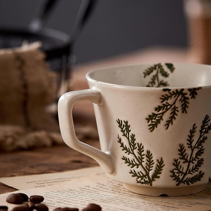 12 oz Vintage Ceramic Coffee Mug Set of 4 - Handmade Stoneware Pottery Countryside Farmhouse Fall Autumn Tea Mugs with Big Handle for Latte,Cocoa,Dishwasher & Microwave Safe Cups (Plants) - Image 5