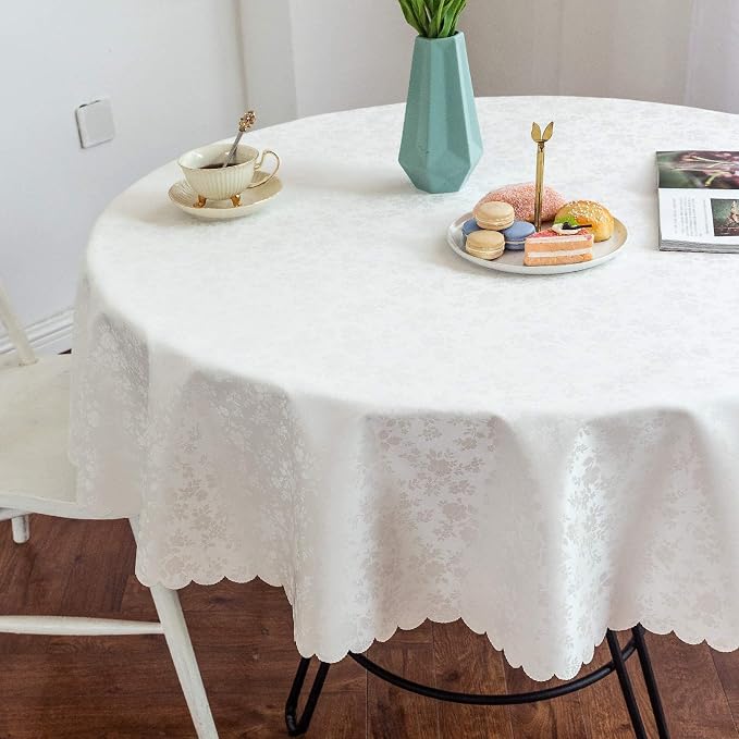 Smiry Round Waterproof Heavy Duty Vinyl Tablecloths, 60 x 60 Inch | Wipeable Washable Floral Embossed Table Cover for Kitchen and Dining Room, Indoor & Outdoor Use, White - Image 7