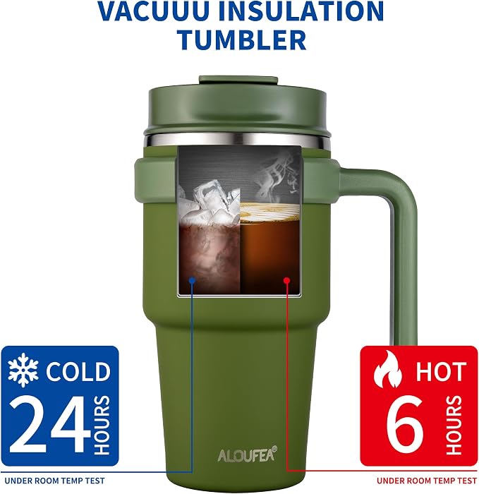 20 oz Insulated Travel Coffee Mug Tumbler with Handle and Straw | Leakproof Stainless Steel Coffee Cup with Lid, Double Wall Vacuum Ice Thermal Cup, Army Green - Image 4