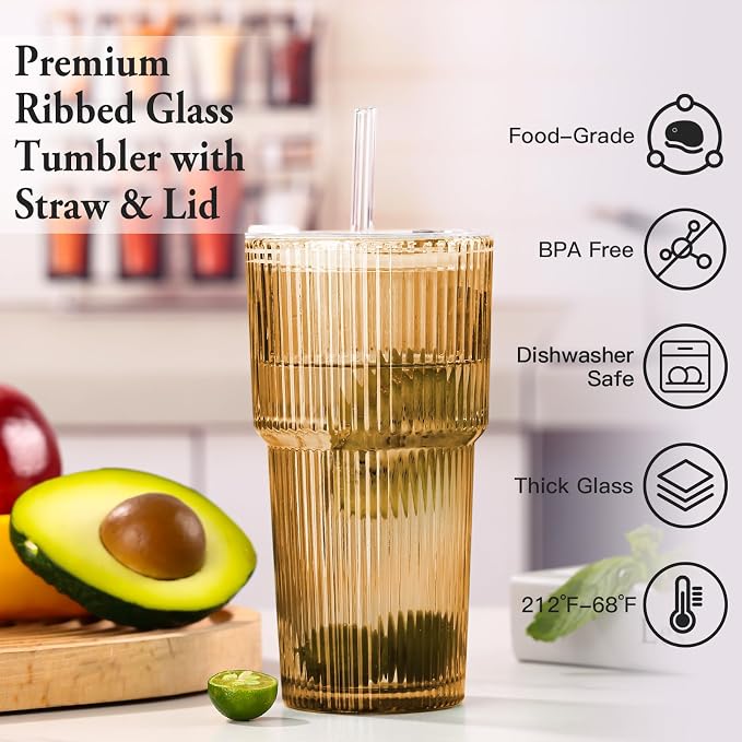 Amber Drinking Glasses，4PCS Amber Ribbed Glass Cups with Lids and Straws, 20oz Vintage Drinking Glasses, Aesthetic Iced Coffee Cups, Brown Yellow Glass Cup - Image 2