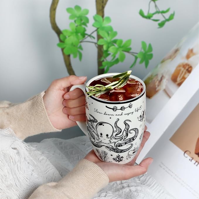 Cute Gifts 16 oz Coffee Mug Sea Turtle and Octopus, Funny Boho Tea Mugs for Women, Large Ceramic Coffee Cups for Chrismas - Image 4