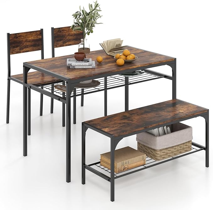 Giantex Dining Table Set for 4, Kitchen Table with Chairs & Bench, Storage Racks, Metal Frame, 4-Piece Space-Saving Dinette Set for Dining Room, Breakfast Nook, Small Space, Apartment,Rustic Brown by Giantex