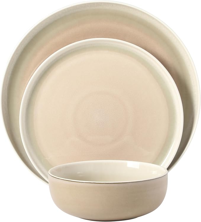 Gibson Elite Island Bay 12-Piece New Bone China Dinnerware Set Service for 4, Reactive Glaze Plates and Bowls, Dishwasher and Microwave Safe, Cream and Green - Image 8