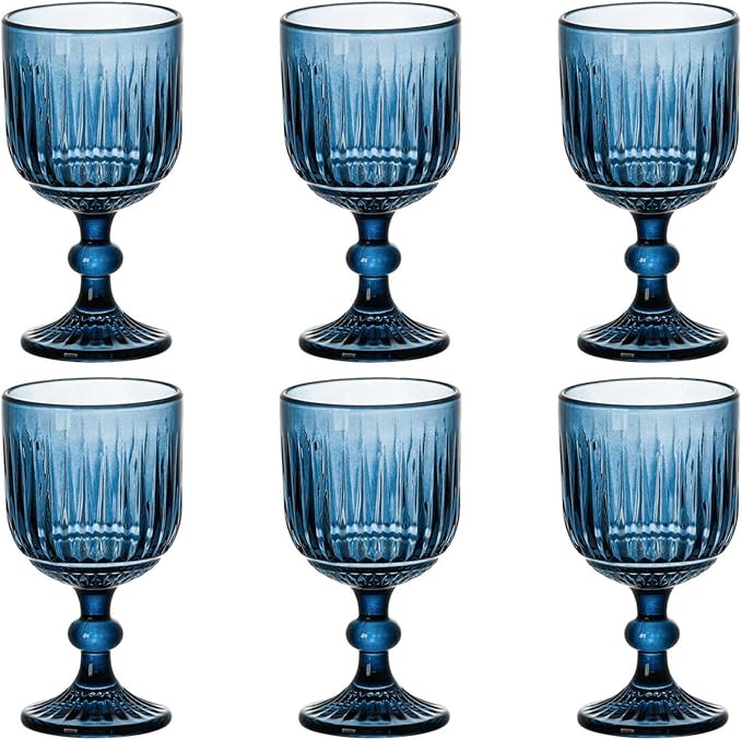 Taganov Blue Glasses Drinking Wine Water Goblets set of 6 Colored Stemware Vintage Glassware 11 ounce for Wedding Party Bar Vertical Embossed Pattern Stemmed Cups 330 ml by Taganov