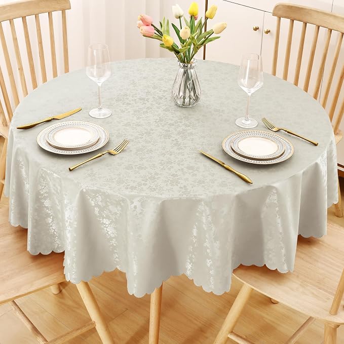 Smiry Round Waterproof Heavy Duty Vinyl Tablecloths, 60 x 60 Inch | Wipeable Washable Floral Embossed Table Cover for Kitchen and Dining Room, Indoor & Outdoor Use, Sand by Smiry