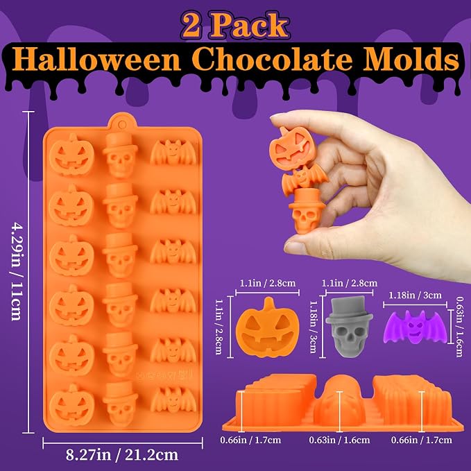 Halloween Chocolate Molds, 2 Pack Halloween Silicone Candy Mold 36 Cavity | Small Pumpkin Silicone Mold Skull Gummy Molds and Bat Design for Chocolate Candy Jelly Ice Cube Cookies, Trick or Treat Party - Image 2