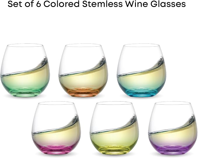 JoyJolt Hue Stemless Wine Glass Set, Large 15 oz Stemless Wine Glasses Set of 6 for White Red or Water, Short Glass Tumblers, No Stem Margarita Glasses, Colored Tumbler - Image 5