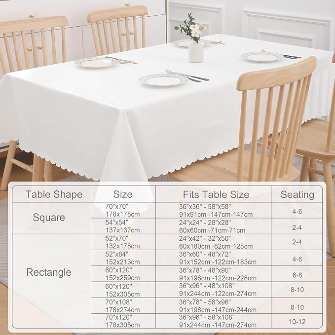 Smiry Rectangle Waterproof Heavy Duty Vinyl Tablecloths, 70 x 120 Inch | Wipeable Washable Floral Embossed Table Cover for Kitchen and Dining Room, Indoor & Outdoor Use, White - Image 6