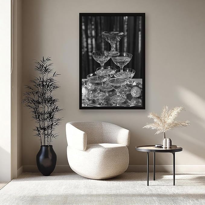 UXCBIA Stacked Champagne Glasses With Mirror Balls, Black And White, Wine Glasses Poster Canvas Poster Bedroom Decor Sports Landscape Office Room Decor Gift Black Frame 24x36in(60x90cm) - Image 8