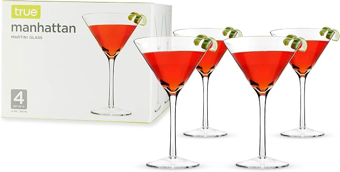 True Manhattan Martini Glass, Crystal Cocktail Coupes, Clear Glass, Cocktail glass set, Dishwasher Safe, Holds 12 oz., Set of 4 by True