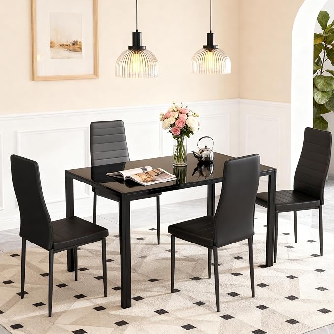 FDW | Dining Table for 4-6 People | Black | 47 Inch Rectangular Glass Kitchen Table | Space-Saving and Modern Design | for Dining Room, Easy to Assemble - Image 2