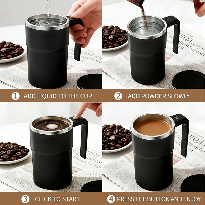 Self Stirring Coffee Mug 13 oz, Auto Mixing Cup With Lid And Touch Handle, Perfect Gifts For Man and Women (Onyx Black – 304 SS) - Image 4
