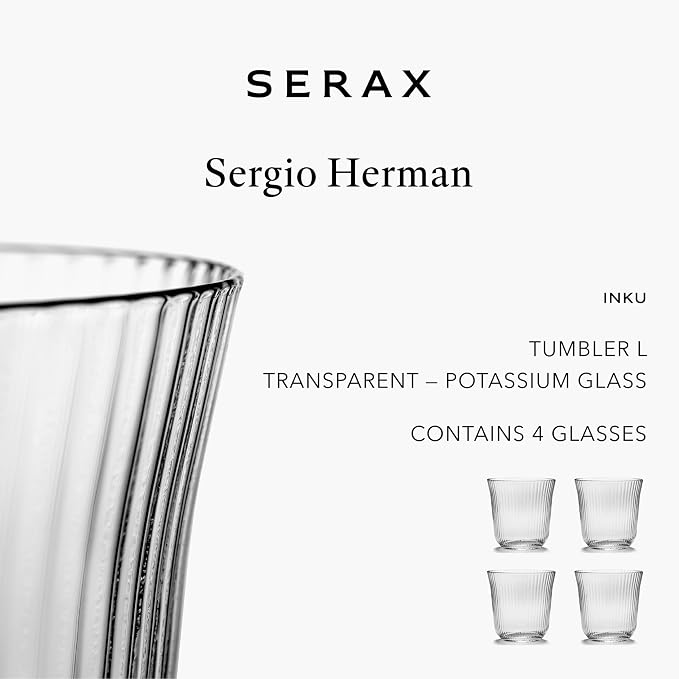 Serax Large Whiskey Glasses Drinking Set of 4 | Inku Glassware by Sergio Herman | Clear Glass Tumbler Cups without Lids | Home Essentials, Cocktail Glasses | Whisky, Beer, Juice, Water - Image 4
