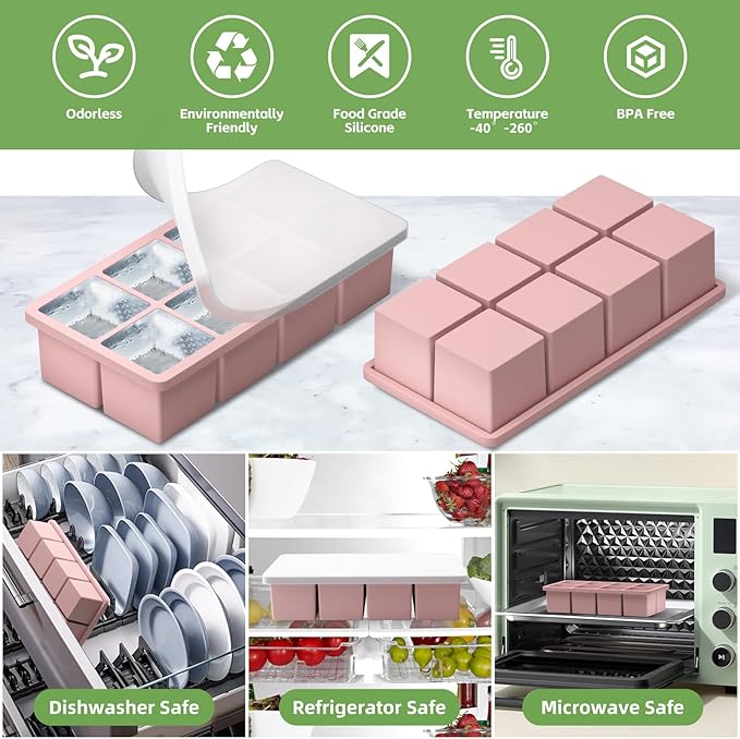 Large Ice Cube Molds, 2 Pack Easy Release Ice Trays for Freezer with Lid, Stackable Square Big Silicone Ice Cube Tray BPA Free Slow Melting for Bourbon Whiskey, Cocktails, Iced Coffee (Pink)