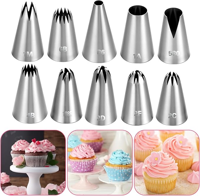 10Pcs Cake Piping Tips Set, Cake Decorating Icing Piping Tip Stainless Steel Cupcake Frosting Nozzles Tool for Baking Cookies Puff Doughnut Cream Bag Filler