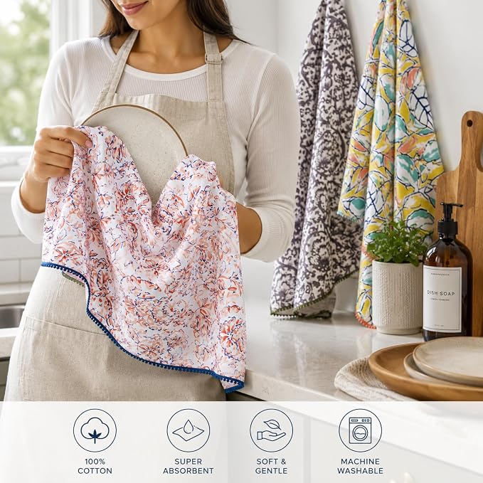 TARAN LIVING Printed Kitchen Dish Bar and Tea Towels Cotton, 18x28 inch with Trims, Cotton Dish Towel Sets (Multicolor, Set of 3) - Image 4