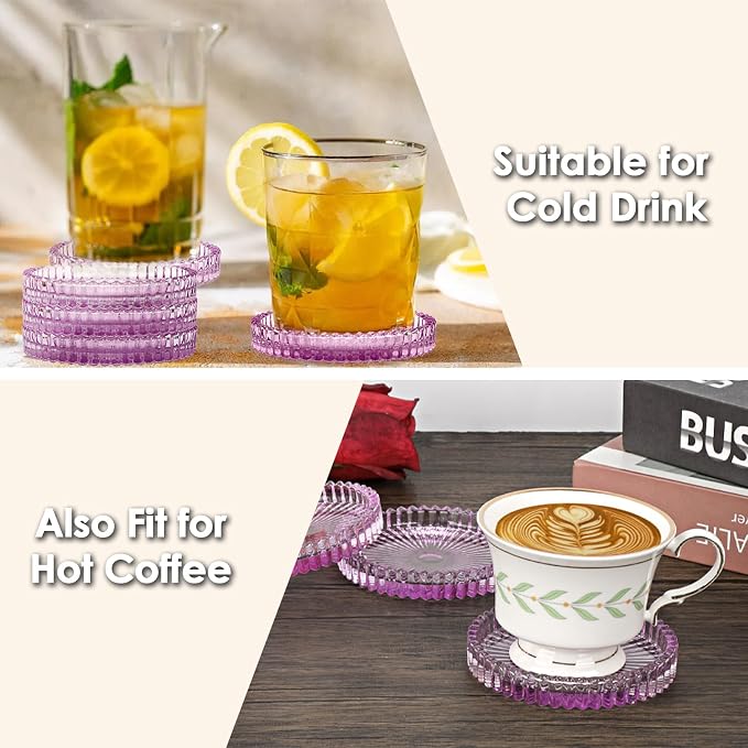 Modern Clear Coaster Set of 5- Glass Coasters for Drinks, Clear Purple | Crystal Coasters Round Cup Mat Coffee Table Decor for Office, Kitchen, Bar, Dining Room, Living Room, Patio - Image 5