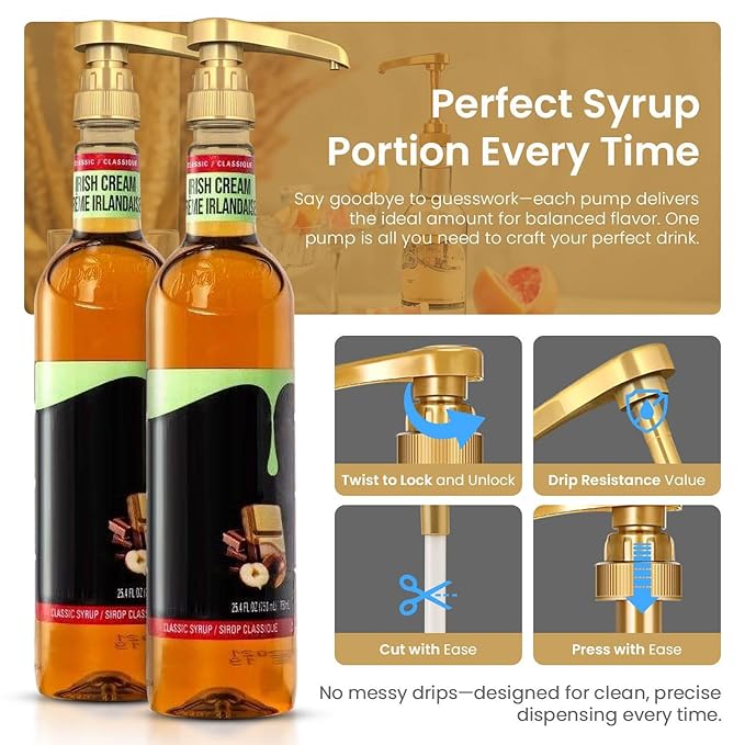 Syrup Pump for Coffee Syrup Bottles – 4-Pack Dispenser Pumps Fits 750ml / 25.4 oz Flavoring Syrup Bottles – Compatible with Torani & More – Gold Coffee Syrup Dispenser Pump for Home & Cafe Use.
