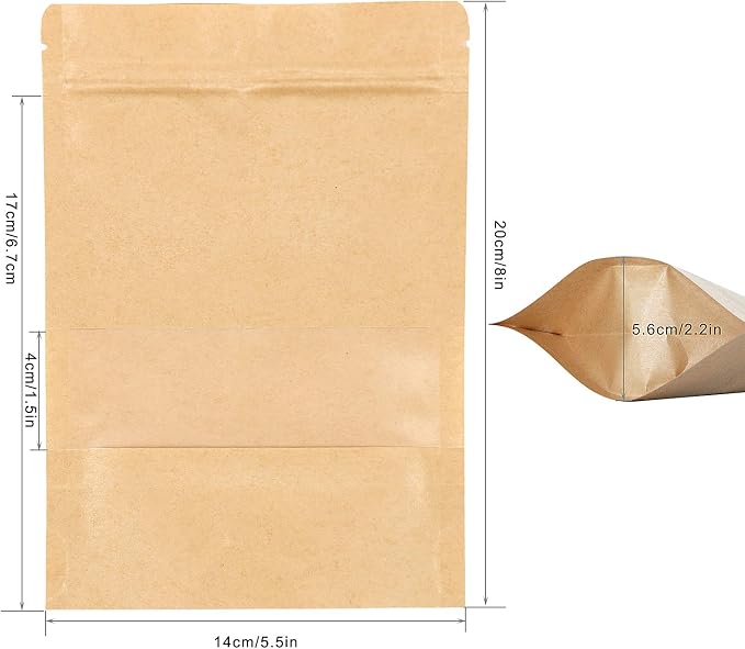SumDirect Kraft Stand Up Pouches - 50Pcs Resealable Kraft Paper Stand Up Bags with Window, Zipper Disposable Food Storage Bags for Home or Business (50, 5.5x7.8inch) - Image 3