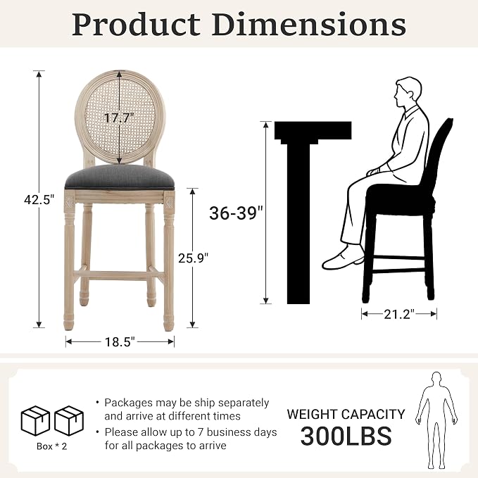 French Country Barstool, Linen Farmhouse Counter Height Chair | Set of 4, with Rattan Round Back and Solid Wood Legs, Oval Chairs for Restaurant, Bar, Kitchen, Café, Dark Grey - Image 3