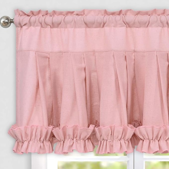 Likiyol Linen Valances for Windows Farmhouse Window Valances with Ruffle Rustic Country Light Filtering Kitchen Valance Curtains Rod Pocket Valance for Bathroom Cafe, Pink, 52" W X 18" L - Image 8