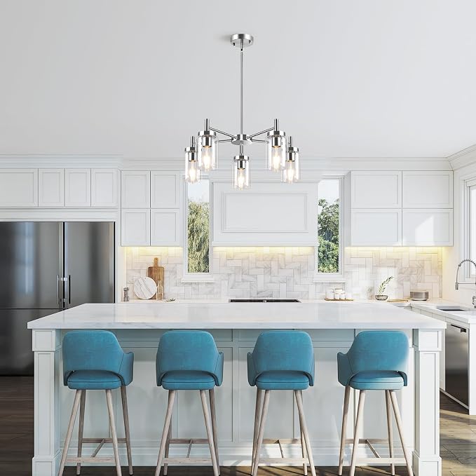 5 Lights Brushed Nickel Modern Farmhouse Chandelier for Dining Room with Glass Shade, Pre-Wired Height Adjustable Pendant Ceiling Lighting Fixture for Dining Living Room Bedroom Kitchen Foyer - Image 2