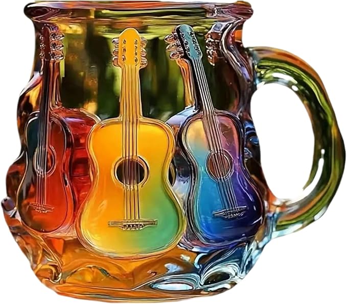 3D Guitar Art Glass Coffee Mug 12 oz – Colorful Handcrafted Cup for Coffee, Tea, Milk – Music Lover Gift – Artistic Glass Mug for Men & Women – Unique Home Décor