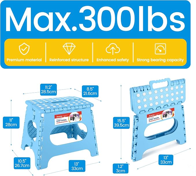 ACSTEP 11 Inch Folding Step Stool for Kids, Non-Slip Foldable Stools, Blue | Heavy Duty Collapsible Foot Stool, Lightweight with Built-in Handle, Holds 300 lb for Adults Kitchen Bathroom Bedroom Outdoor - Image 4