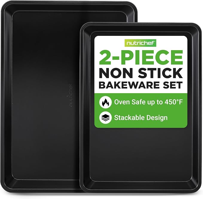 NutriChef 2-Piece Non-Stick Black Cookie Sheets - Versatile & Durable Non-Toxic Carbon Steel Bakeware Sets, Stackable Baking Tray for Cookies, Brownies, Jelly rolls - Oven Safe & Easy Clean by NutriChef%E2%84%A2Kitchen