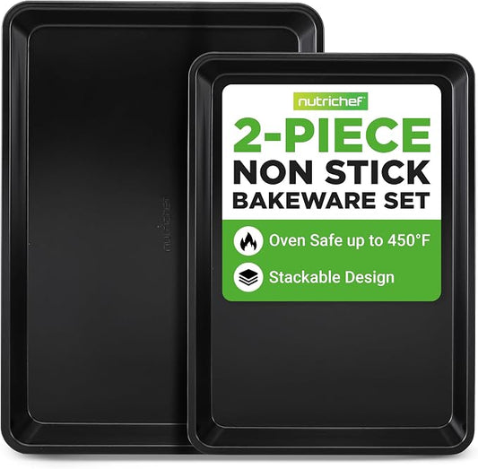 NutriChef 2-Piece Non-Stick Black Cookie Sheets - Versatile & Durable Non-Toxic Carbon Steel Bakeware Sets, Stackable Baking Tray for Cookies, Brownies, Jelly rolls - Oven Safe & Easy Clean by NutriChef%E2%84%A2Kitchen