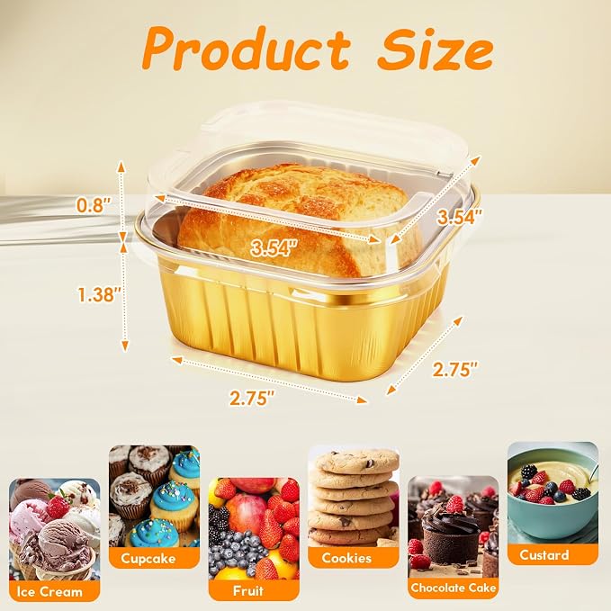 Mini Square Baking Cups with Lids, 50 Pcs 5oz Gold Aluminum Foil Cupcake Tins with Lids, Disposable Ramekins Flan Cake Pans Tins for Souffle, Dessert, Valentine, Wedding, Party Small Cake Containers - Image 5
