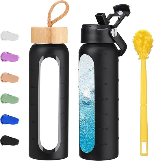 24 oz Glass Water Bottle with 2 Lids-Handle Straw Lid & Bamboo Lid,1 Liter Motivataional Tumbler Water Bottle Time Marker, Borosilicate Glass Water Bottles With Silicone Sleeve, Leakproof