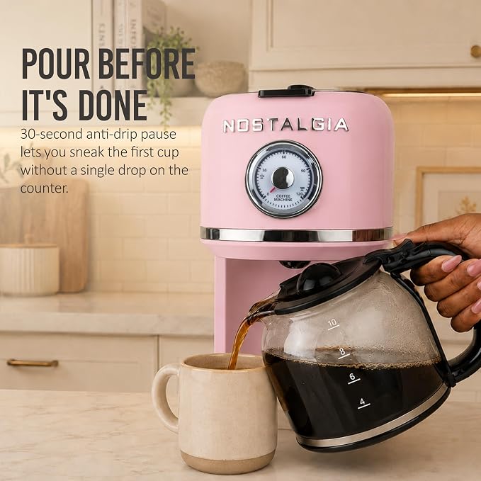Nostalgia Classic Retro 10 Cup Coffee Maker - One-Touch Drip Brew, Reusable Filter - Anti-Drip, Auto Shutoff, & Time Display - Dishwasher Safe 50 oz Carafe - Pink - Image 2