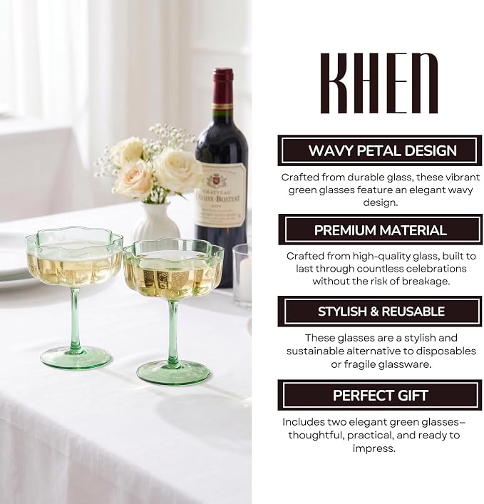 Flower Scalloped Vintage Wavy Petals Wave Glass Coupes 7oz Colorful Martini, Champagne & Cocktails, 2 Sage Green Set Amber Rippled Champagne Glasses, Elegant Bar Glassware, Aesthetic Coupe Glassware - Image 5