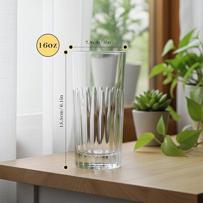 AGH 12 OZ 24 Pack Glass Cup, Vintage Ribbed Tall Drinking Glass Cups, Heavy Base Water Glasses for Cold Brew, Latte, Juice, Cocktails, Dishwasher Safe Home Bar Glassware - Image 2