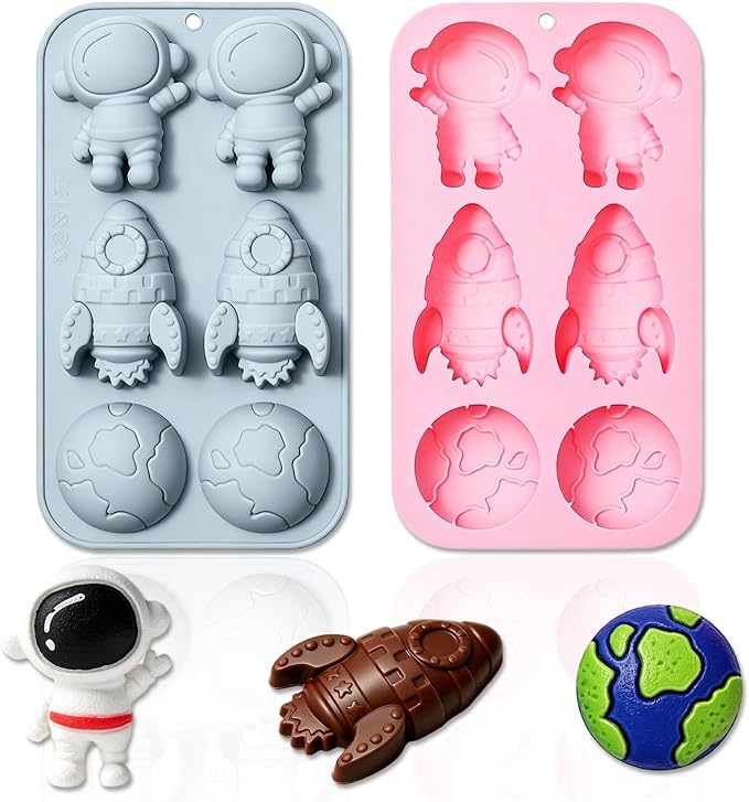 2 Pack Space Themed Silicone Cake Molds 6 Cavity 3D Astronaut Rocket Earth Mould Tray DIY Baking Decorating Tools for Chocolate Candy Cupcake Topper Mousse Dessert Gummy Handmade Soap Clay by JOMIHONEY