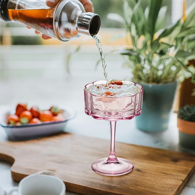 Vintage Champagne Coupes Glass Cute Martini Cocktail Glasses,13oz Crystal Martini Wine Glasses Set Of 24 Elegant Flower -Shaped Goblet Drinking Champagne Dessert Yogurt Ice Cream Glassware Cups Pink - Image 4