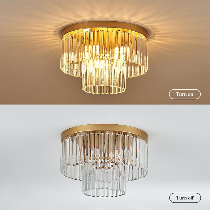 17" 9 Light Gold Crystal Ceiling Light for Dining Room | K9 Crystal, 2 Tier, E12 Base, Adjustable Color Temperature, Flush Mount, for Kitchen Island Living Room Bedroom Entryway - Image 3
